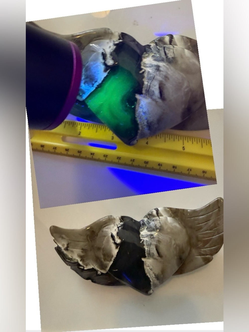 volcano agate heart with wings awesome deep green UV